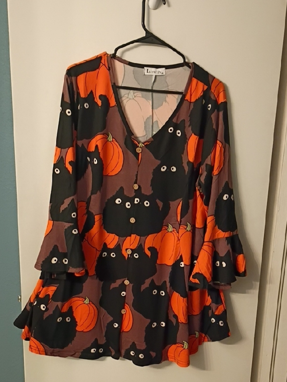 Halloween Pumpkin & Black Cat Sewn In Button Front 3/4 Ruffled Sleeves Tunic 4XL